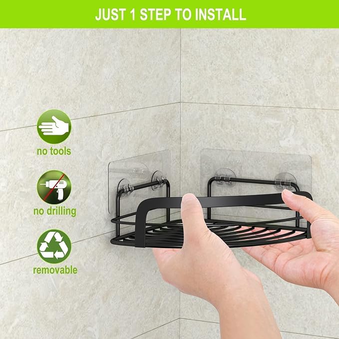 STEUGO Black Bathroom Corner Shower Shelfs, Adhesive Wall Mounted Shower Caddy - Image 6