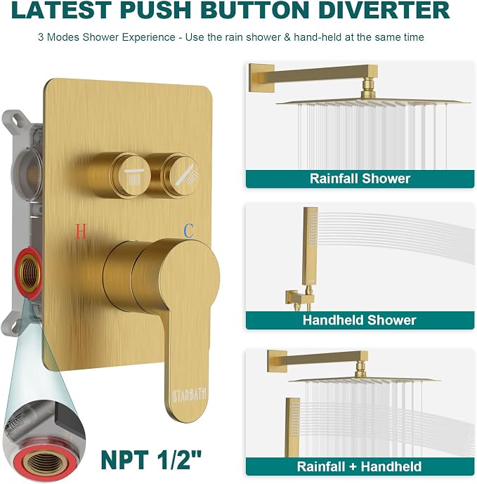 Brushed Gold Shower System, STARBATH 12 inch Rainfall Shower Head - Image 2
