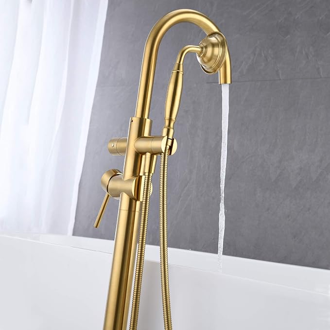Tub Filler Freestanding Bathtub Faucet Brushed Gold Floor Mounted Brass - Image 5