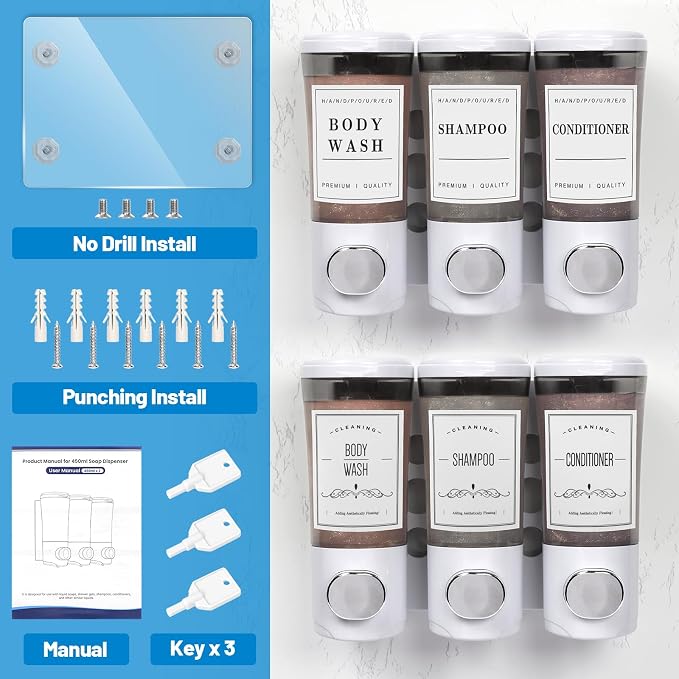 Shampoo and Conditioner Dispenser 450ml * 3, Shower Dispenser 3 Chamber No - Image 7