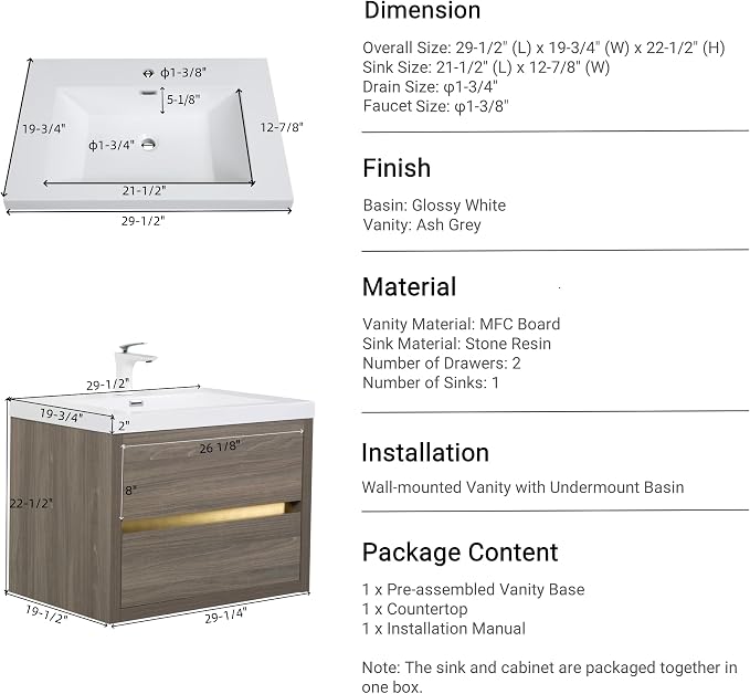 Modern 30" Wall-Mounted Bathroom Vanity - Image 6