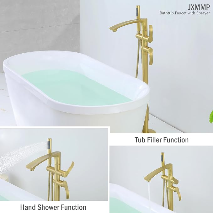 Free Standing Tub Faucet, Brushed Gold Floor Mount Bathtub Faucet - Image 5