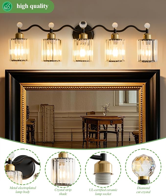 5 Light Vanity Light, Modern Black and Gold Crystal Bathroom Vanity Lighting - Image 2