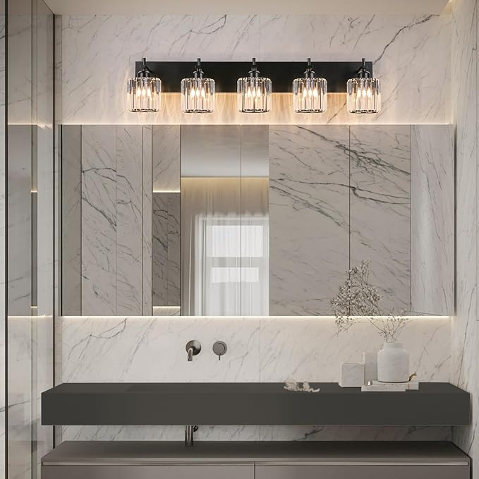 Black Crystal Bathroom Vanity Lights, Modern 5-Lights Bathroom Lighting - Image 2