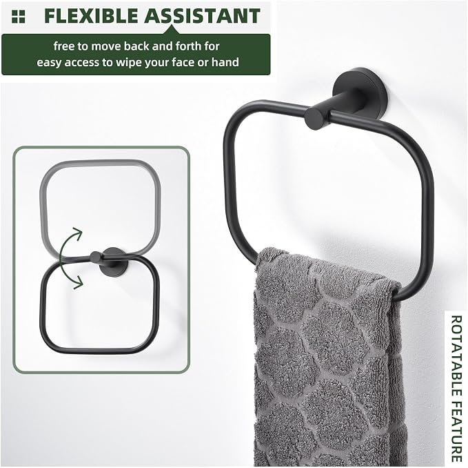 Angle Simple Matte Black Towel Ring Swivel, SUS 304 Stainless Steel Bathroom - Image 5