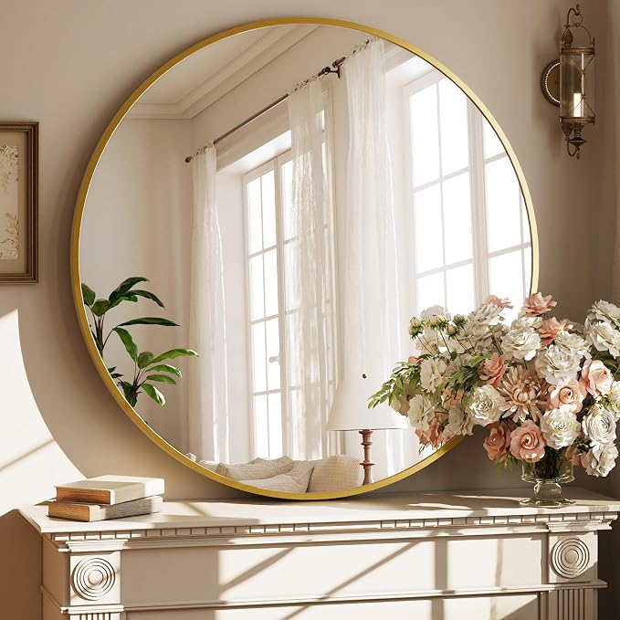 42 Inch Round Gold Metal Wall Mirror by XRAMFY