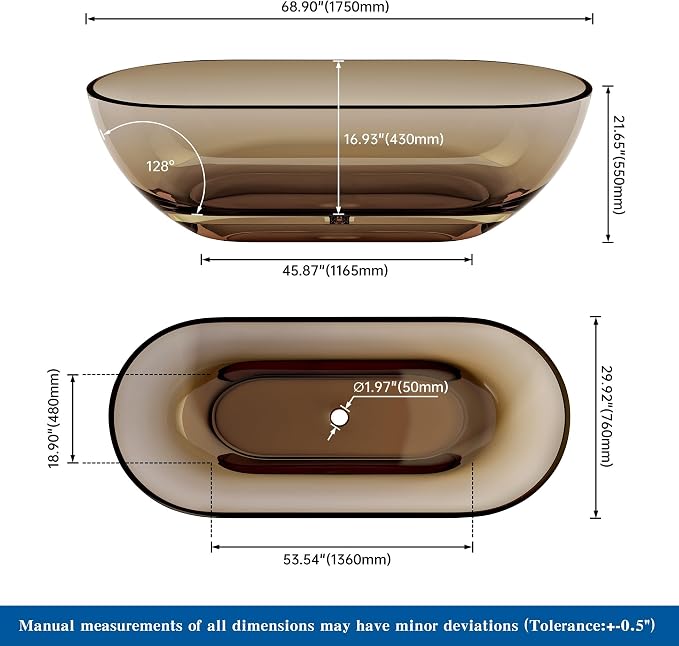 69" Premium Solid Surface Free Standing Bathtub, Unique Transparent Brown Stone - Image 5