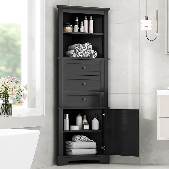 Storage Corner Cabinet with 3 Drawers and Door, Tall Line Pantry Home Space by Merax