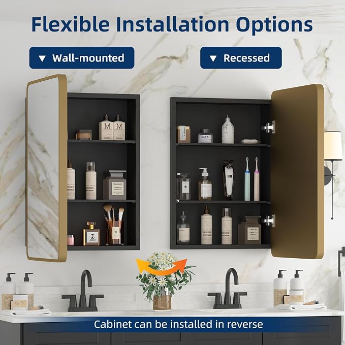 Bathroom Medicine Cabinet with Mirror 16 x 24 Inch, Brush Gold Medicine Cabinet - Image 3
