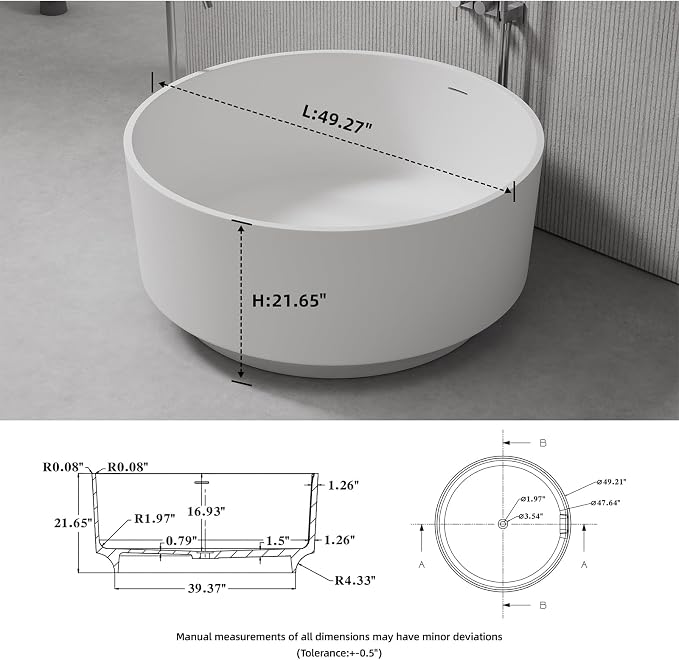 49'' Round Soaking Bathtub Resin Stone Freestanding Bathtub Soaking Deep Tub - Image 2