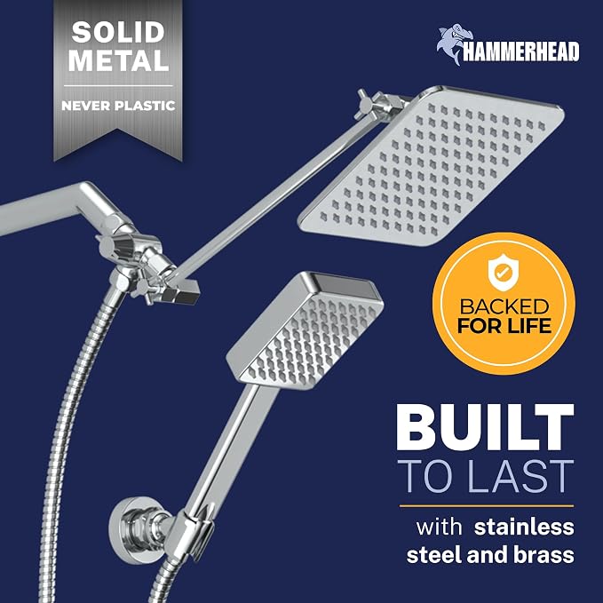HammerHead® Solid Metal Dual Shower Head Combo — 8" Square Rain Shower Head - Image 6