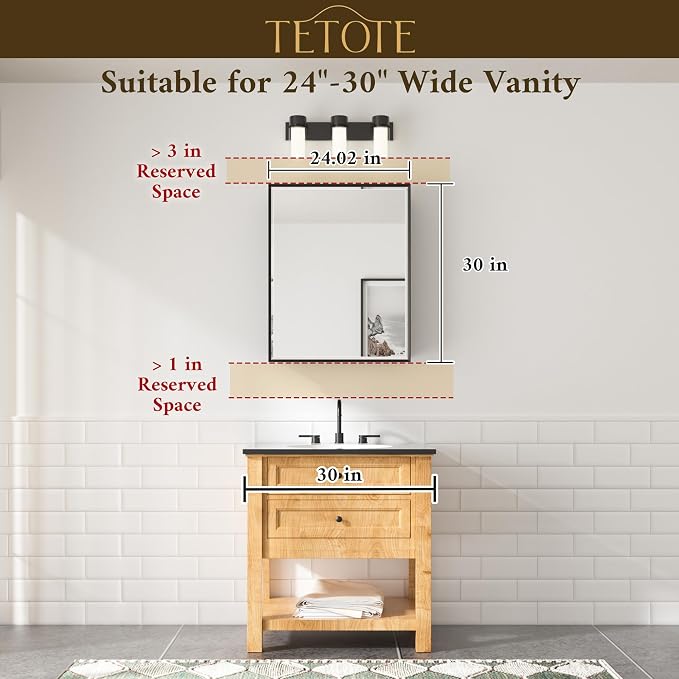 TETOTE Brushed Nickel Medicine Cabinet 24" x 30" Bathroom Mirror - Image 3