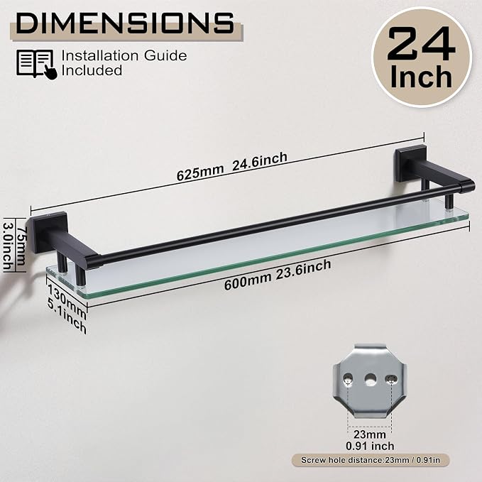 Glass Shelf for Bathroom Wall Sheves 24 inch Rectangular Stainless Steel - Image 3
