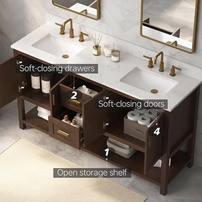 60 Inch Bathroom Vanity with Sink, Farmhouse Storage Cabinet with Drawers & - Image 7