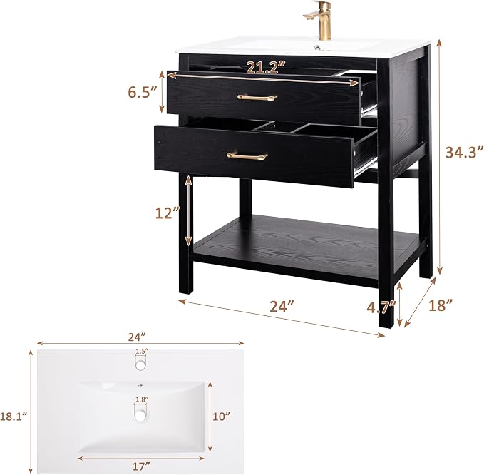 24 Inch Bathroom Vanity with Sink & Faucet & Drain, Farmhouse Freestanding - Image 2