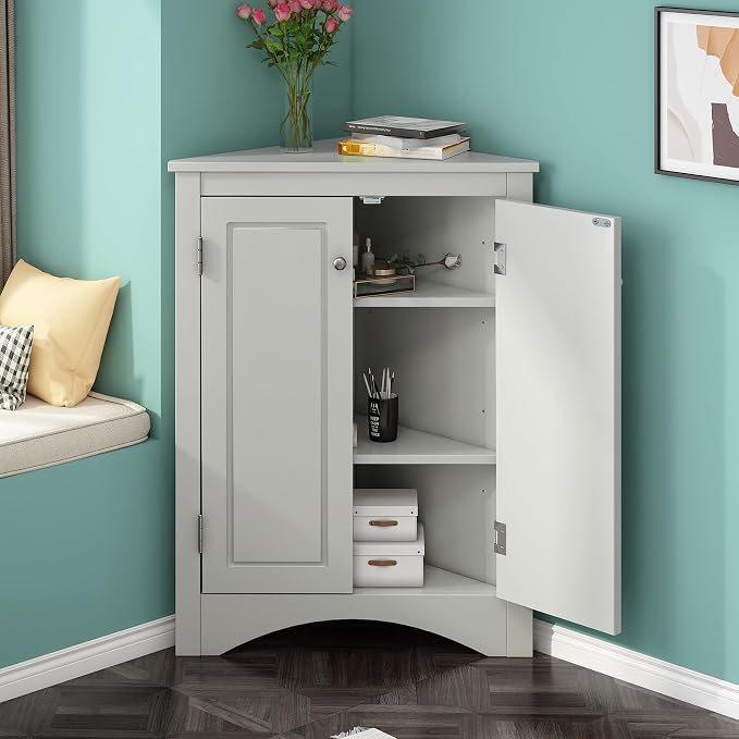 Corner Storage Cabinet with Adjustable Shelves, Triangle Bathroom & Kitchen - Image 7