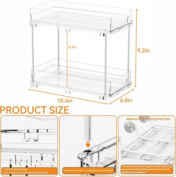 Yieach 4 Set Clear Pull Out Bathroom Organizers and Storage, 2 Tier Under Sink - Image 2
