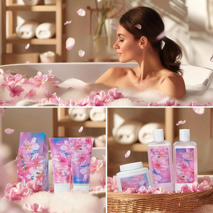 Bath & Body Gift Set, Luxury Home Spa Bath Gift Basket, Cherry Blossom spa kit - Image 8