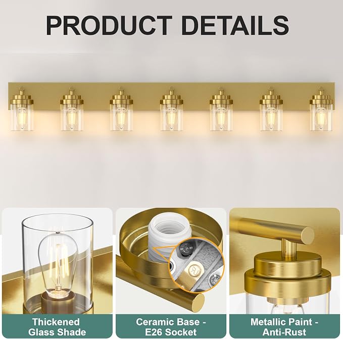 IZORRO Bathroom Vanity Light Fixture, 7-Light 51 Inch Gold Bathroom Light - Image 3