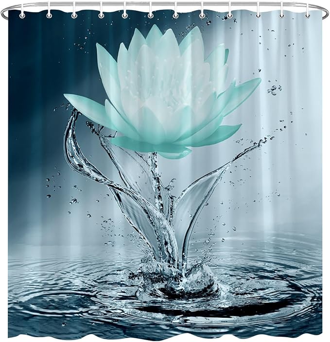 Lotus Shower Curtain Black White Teal Flower Elegant Blooming Floral - Image 2