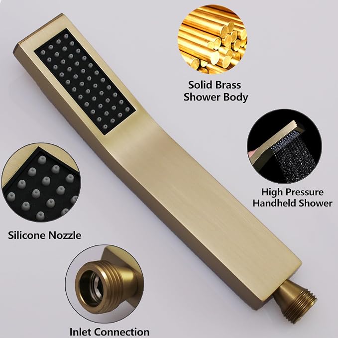 Hand Held Shower Head Combo Set Square Shower Wand Brushed Gold Solid Brass - Image 3