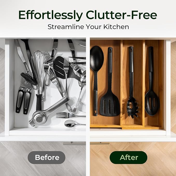 Carbonized Bamboo Kitchen Drawer Organizer, 5 Slots Expandable Silverware - Image 8