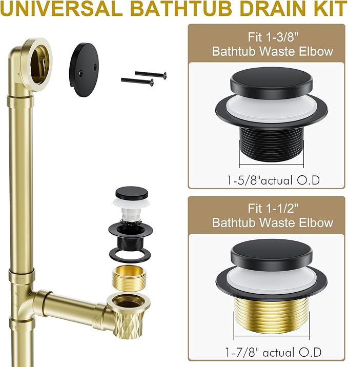 Matte Black Bathtub Drain Stopper and Overflow Kit, Solid Brass Tip-Toe Bath - Image 5