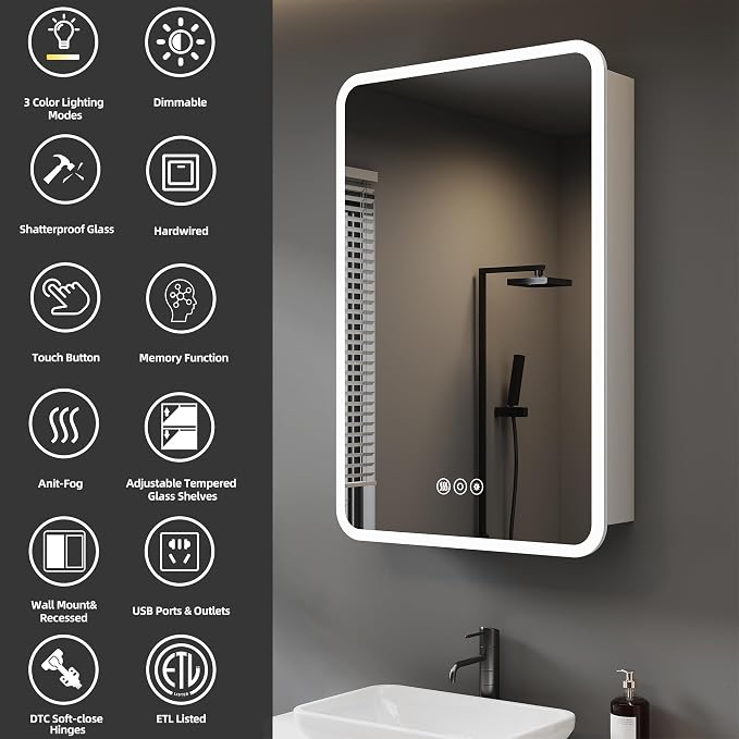 Medicine Cabinet with LED Lights and Mirror, 16 x 24 Inch Surface or Recessed - Image 3