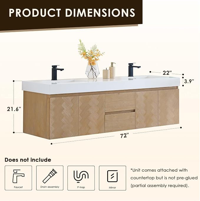 72 Inch Floating Sink Bathroom Vanity Wall Mount Double Vanities Overflow - Image 2