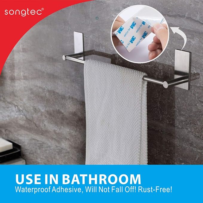 Songtec Adhesive Towel Bar 12inch Brushed, Stick On Bath Towel Rack Easy Install - Image 2