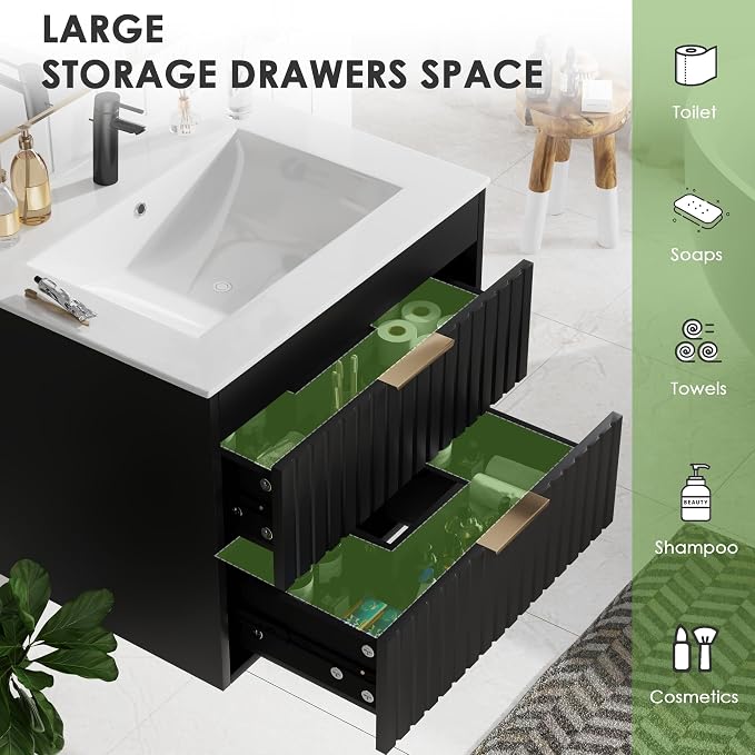 24" Bathroom Vanity with Sink, Floating Bathroom Vanity with 2 Fluted Drawers & - Image 5