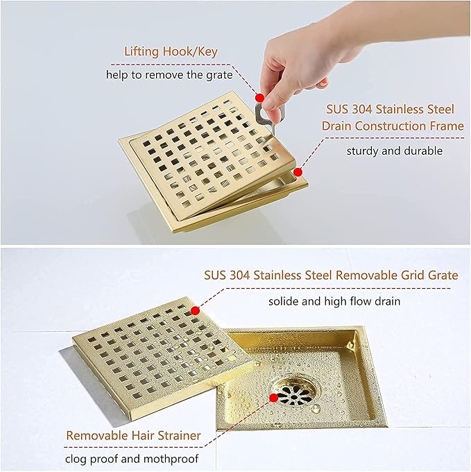 RANDOM Brushed Gold Shower Drain Square 6 Inch Shower Drain Cover Kit - Image 5