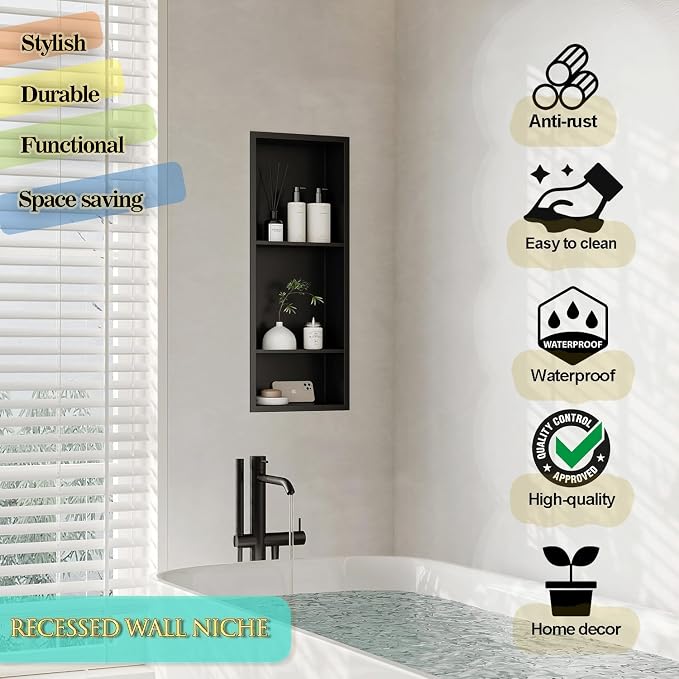 Neodrain 12X30 Inch Matte Black 3-Tier Stainless Steel Shower Niche, NO Tile - Image 7