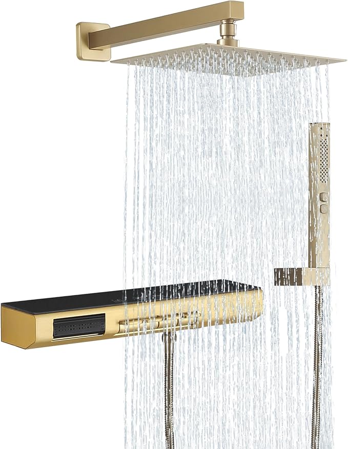 Brushed Gold Rain Shower System Combo: 10" Wall-Mounted Shower Fixtures by Tomfaucet
