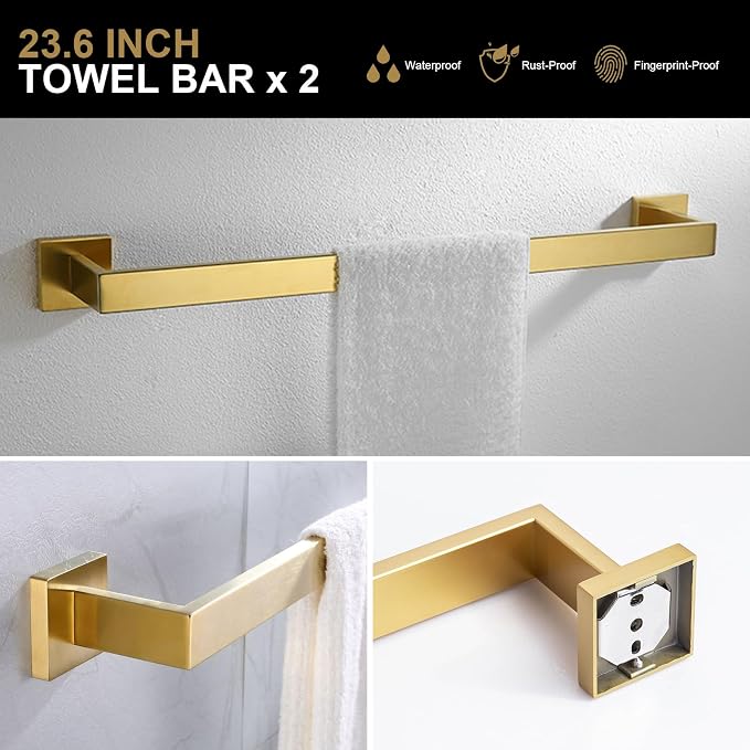 Brushed Gold Towel Bar Set, Lava Odoro 5-Piece Bathroom Hardware Set Gold Towel - Image 2