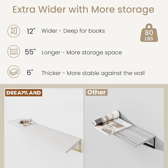 Floating Shelves for Wall, 12 Inch Deep Floating Shelves Set of 2, 55W x 12D - Image 3