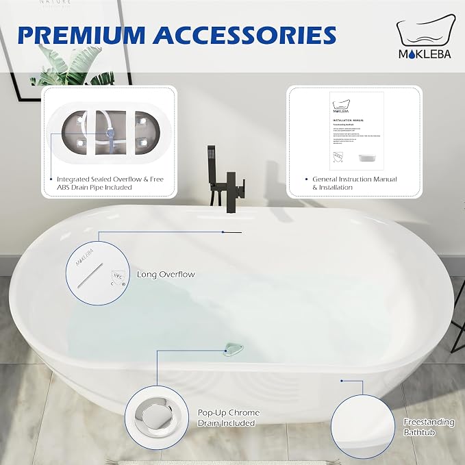 67" Acrylic Freestanding Bathtub, Elegant Oval Free Standing Tub, Soaking Tub - Image 5