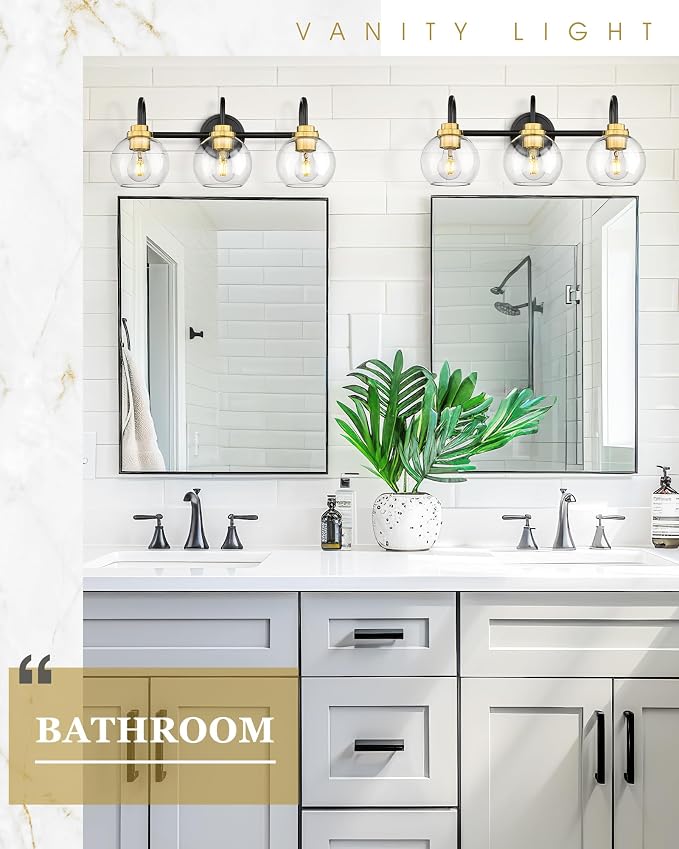 Bathroom Light Fixtures, 3-Light Black and Gold Vanity Lights - Image 5