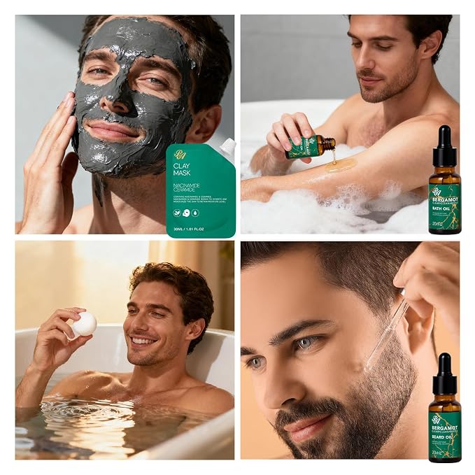 Men Bergamot Facial Skin Care Set, Bath and Body Gift Set, Beard Oil, Face Cream - Image 6