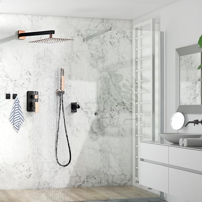 Shower Faucet Set, Matte Black and Rose Gold Rainfall Shower System Complete - Image 3