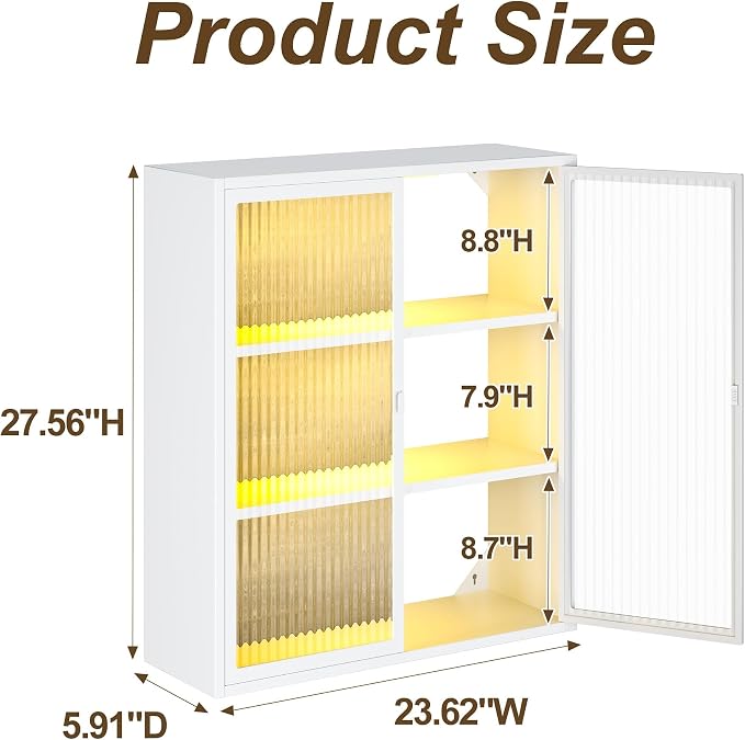 Bathroom Wall Cabinet with Glass Doors, Metal Medicine Cabinet with LED Light - Image 3