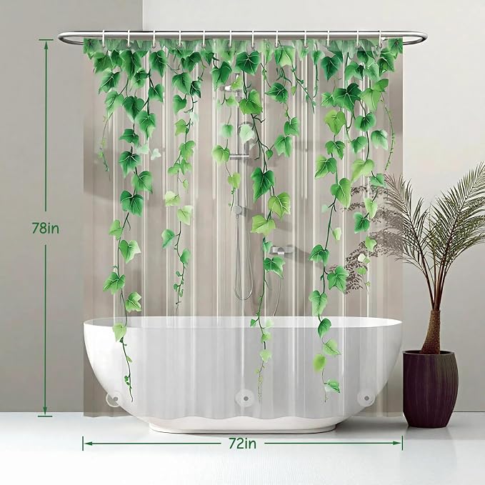 Clear Green Ivy Leaves Shower Curtain Liner, Transparent Plastic Nature Green - Image 2