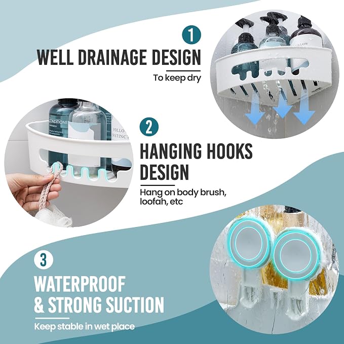 TAILI Corner Shower Caddy with Suction Cups, Wall Mounted Organizer Plastic Rack - Image 6