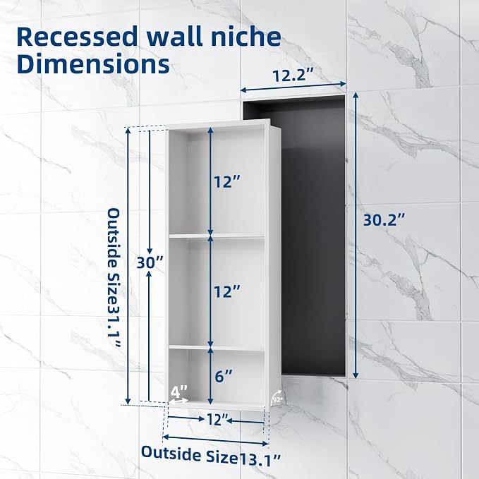 Neodrain 12X30 Inch White Three Layers Stainless Steel Shower Niche, NO Tile - Image 2