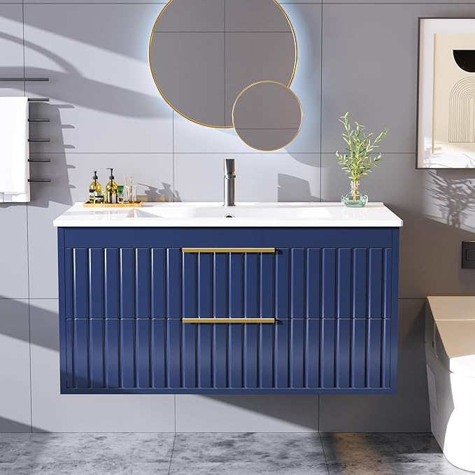 36" Bathroom Vanity with Sink, Floating Vanity Bathroom Sink Cabinet Wall Mount by Buytime