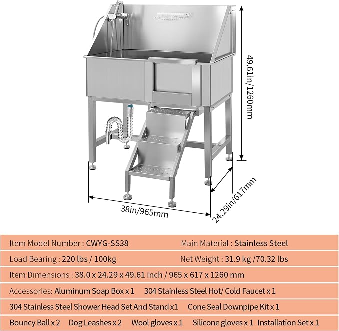 38 Inch Dog Grooming Bathtub Station, Professional Stainless Steel Wash Shower - Image 2