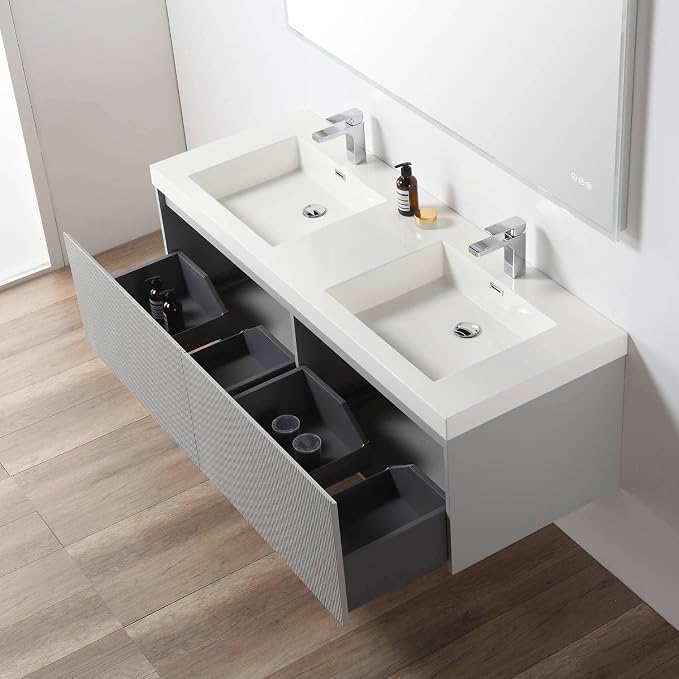 Blossom 60 Inch Double Sink Bathroom Vanity, All Wood Wall Mounted Floating - Image 4