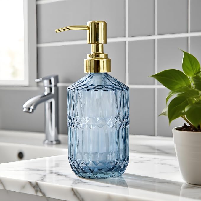 18oz Blue Glass Soap Dispenser, Refillable Kitchen, Bathroom Thick Glass Soap - Image 6