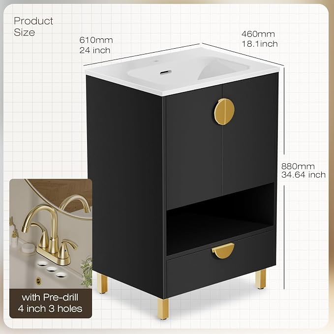 phiestina Fully Assembled Black 24 Inch Solid Wood Bathroom Vanity - Image 3