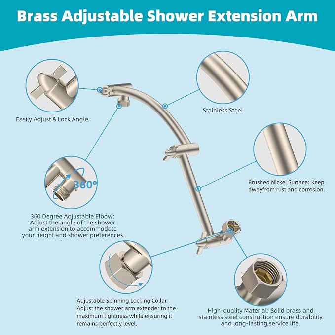 Hibbent Rain Filtered Shower Head, Solid Brass Adjustable Shower Arm Extender - Image 6